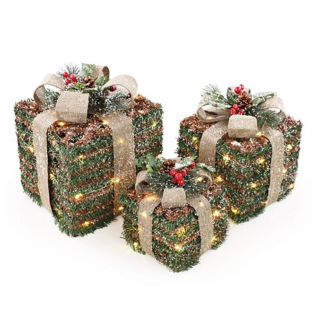 TRIO DE CAIXA DE PRESENTES NATALINA RUSTICA DECOR COM LEDS