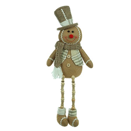 BONECO NATAL GINGERBREAD SENTADO COM CACHECOL BEGE 42CM