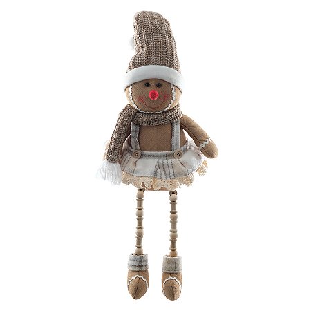 BONECO NATALINO GINGERBREAD SENTADO BEGE 42CM FLORARTE