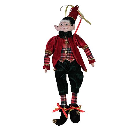 BONECO NATALINO ELFO MENINO SENTADO VERMELHO 45CM
