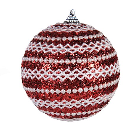 JG 2 BOLA DECORADA NATALINA PVC COR VERMELHA E BRANCA 10CM