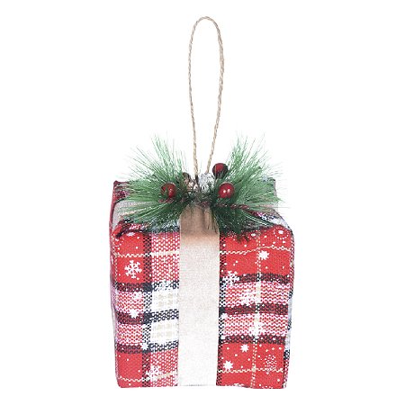 ENFEITE NATALINO PRESENTE COM PINHA BRANCO E VERMELHO 8CM