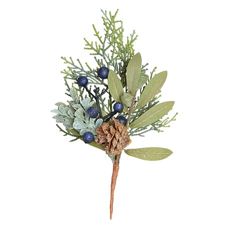 GALHO BERRY NATALINO COM BOLINHAS AZUL E PINHA 25CM
