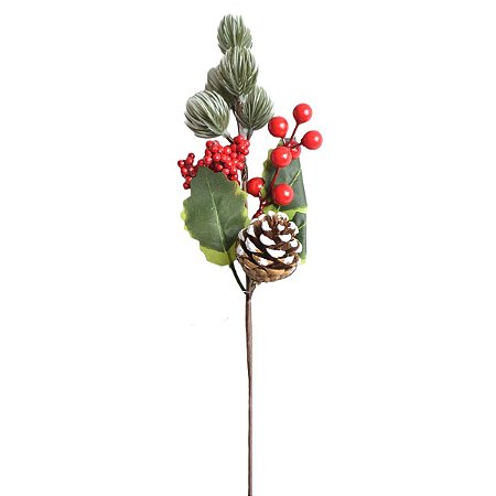 GALHO BERRY NATALINO COM BOLINHAS VERMELHA E PINHA  35CM