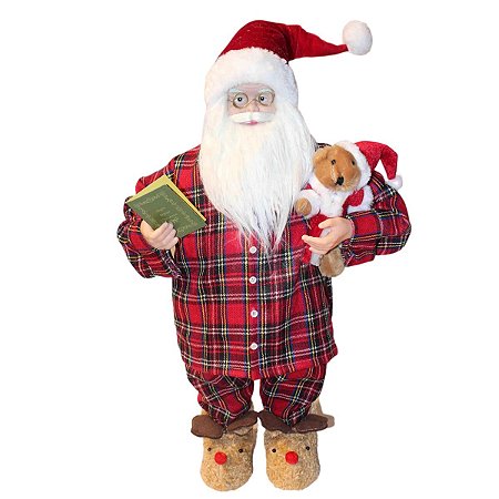 PAPAI NOEL COM PIJAMA XADREZ LIVRO E URSINHO NATALINO 45CM