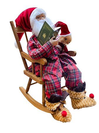 PAPAI NOEL COM PIJAMA XADREZ LIVRO E URSINHO NATALINO 45CM