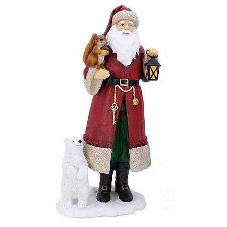 ESCULTURA PAPAI NOEL DECOR EM RESINA VERM COM LANTERNA 31CM