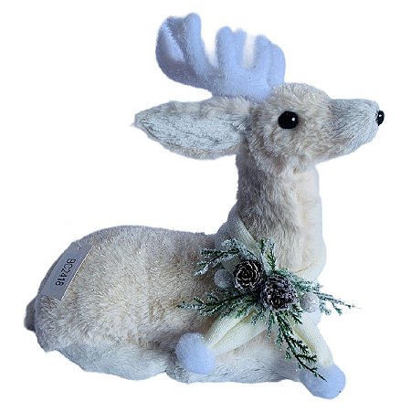 RENA NATALINA DECORATIVA DEITADA COM CACHECOL BEGE - 27CM
