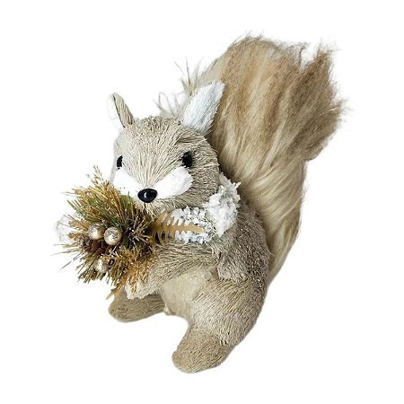 ESQUILO DECORATIVO DE PALHA COM PINHAS E CACHECOL - 19CM
