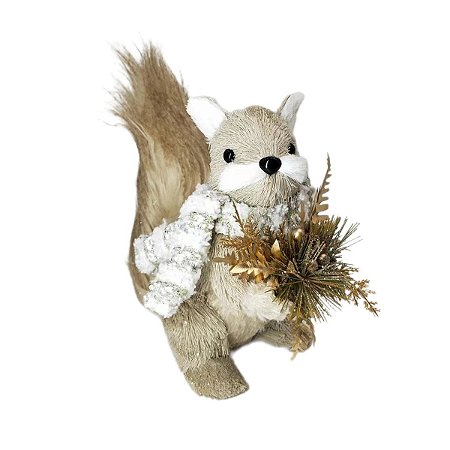 ESQUILO DECORATIVO EM PE DE PALHA COM PINHAS E CACHECOL - 22CM