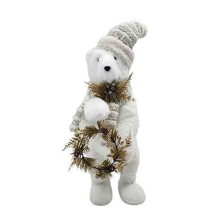 URSO DECORATIVO EM PE BRANCO COM GUIRLANDA E CACHECOL 50CM