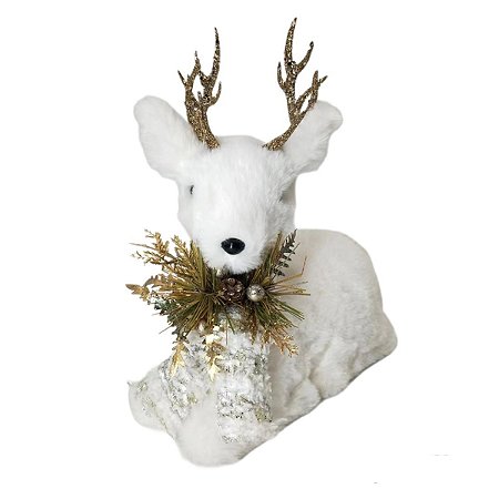 RENA DECORATIVA BRANCA COM CACHECOL E CHIFRE DOURADO - 26CM