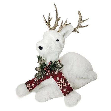 RENA DECORATIVA DEITADA COM CACHECOL E CHIFRE DOURADO 35CM