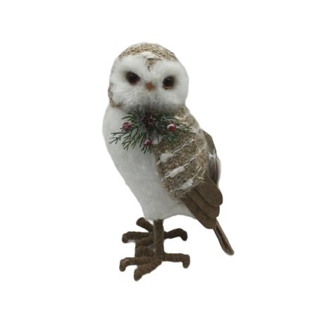 CORUJA NATALINA DECORATIVA BRANCA E MARROM COM PINHAS 30CM