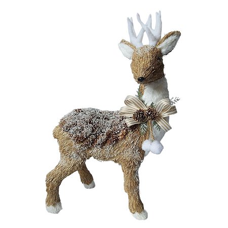 RENA DECORATIVA EM PE COM PINHAS E CHIFRE NEVADO - 52CM