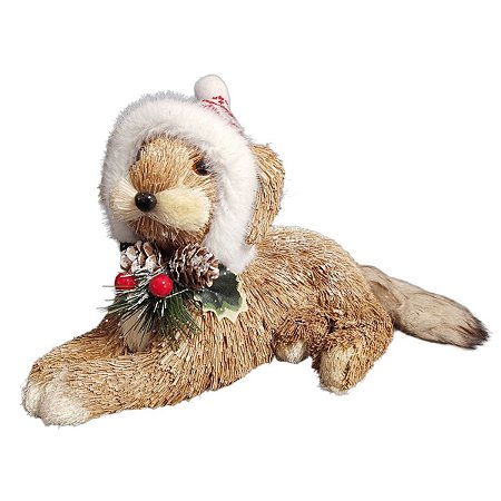 CACHORRO NATALINO DECORATIVO DEITADO COM TOCA E PINHAS 24CM