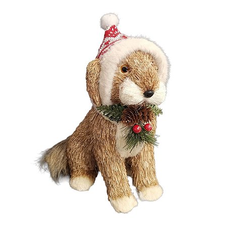 CACHORRO NATALINO DECORATIVO COM TOCA E PINHAS - 24CM
