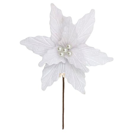 FLOR POINSETIA DECORATIVA BRANCA COM PEROLAS - 40CM