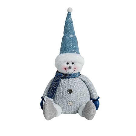 BONECO DE NEVE DECORATIVO SENTADO COM CACHECOL AZUL - 33CM