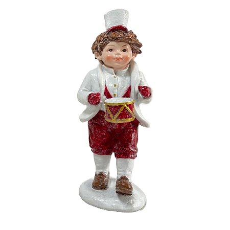 MENINO DECORATIVO EM PE COM TAMBOR VERMELHO E BRANCO - 19CM