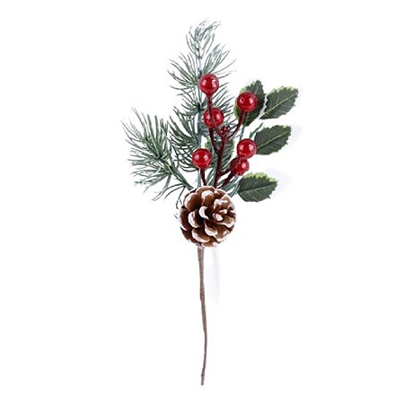 GALHO PICK DECORATIVO NATALINO COM BERRIES E PINHAS 27CM
