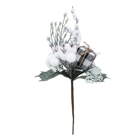 GALHO PICK DECORATIVO NATALINO C NEVE E PRESENTE XADREZ 25CM