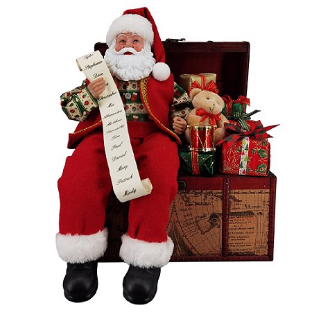 PAPAI NOEL SENTADO COM CARTAS E BAU DE PRESENTES - 40CM