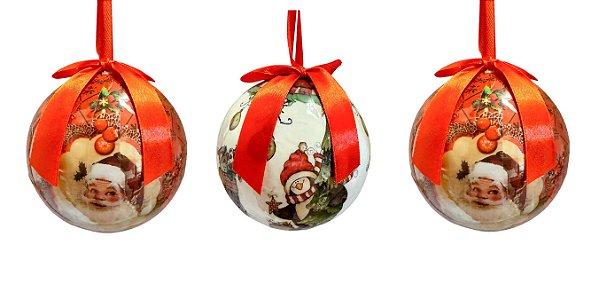 TRIO BOLAS NATALINAS PAPAI NOEL E DESENHOS NATALINOS 10cm