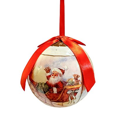 KIT TRES BOLAS DECORADAS PAPAI NOEL NO TRENO COM LED 10CM