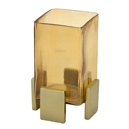 VASO CANDELABRO DECORATIVO EM AÇO INOX E VIDRO DOURADO 19CM