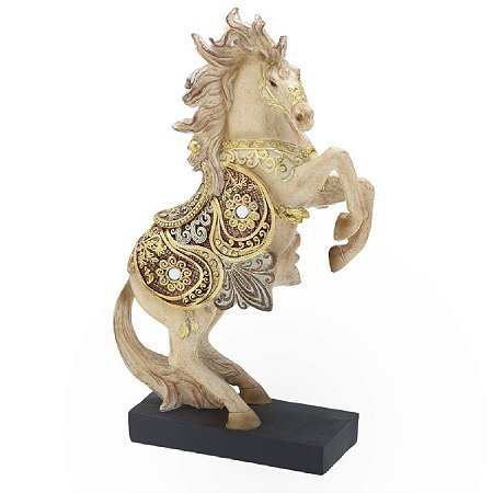 ESCULTURA CAVALO DECORATIVO EM RESINA BEGE E DOURADO 30cm