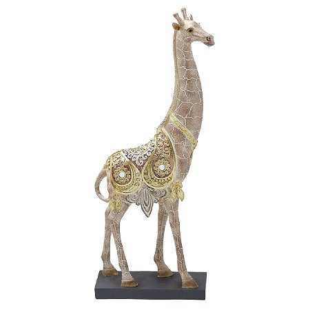 ESCULTURA GIRAFA DECORATIVA EM RESINA  BEGE E DOURADO 48,5CM
