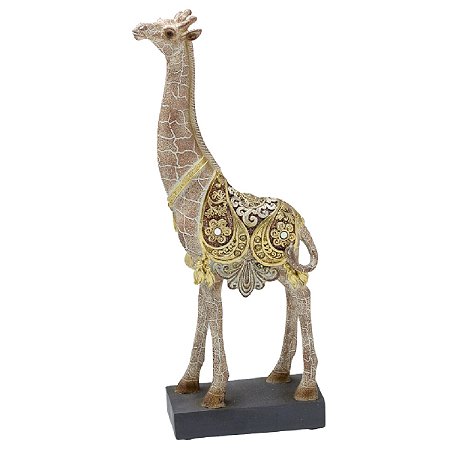 ESCULTURA GIRAFA DECORATIVA EM RESINA BEGE E DOURADO 31CM