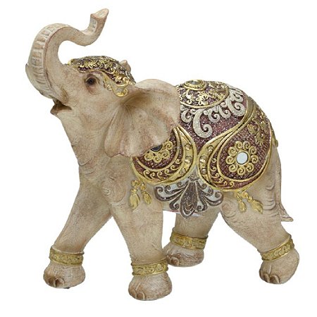 ESCULTURA ELEFANTE DECORATIVO EM RESINA BEGE E DOURADO 19,5CM