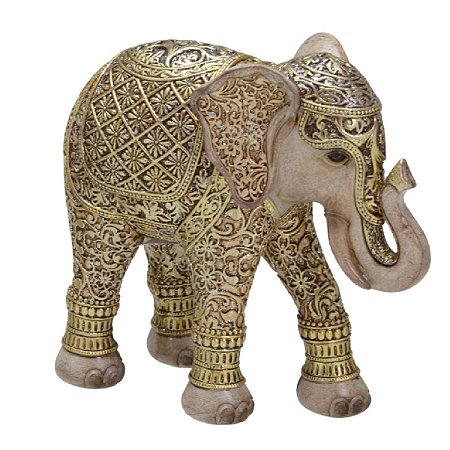 ESCULTURA ELEFANTE DECORATIVO EM RESINA DOURADO E MARROM 18,5CM