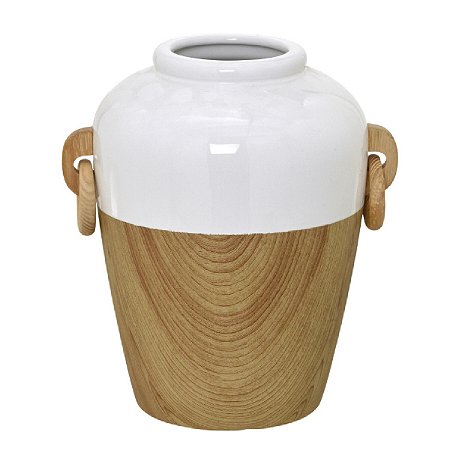 VASO DECORATIVO CERAMICA AMADEIRADO BRANCO E MARROM 29CM