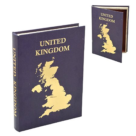 CAIXA LIVRO UNITED KINGDOM EM MDF DOURADO E ROXO 36CM