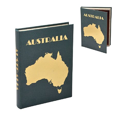 CAIXA LIVRO AUSTRALIA DECORATIVA EM MDF DOURADO E VERDE 36CM