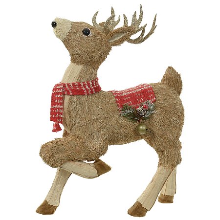 RENA NATAL EM PE EM PALHA COM CACHECOL VERMELHO 50CM