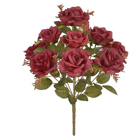 BUQUE ROSA DIANA 9 BOTOES MARSALA OUTONO 40CM FLORARTE