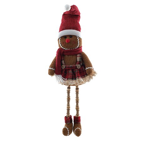 BONECO NATALINO GINGERBREAD SENTADO VERMELHO E BEGE 35CM