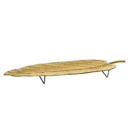 BANDEJA FOLHA DECORATIVA METAL DOURADO 75X21CM FLORARTE