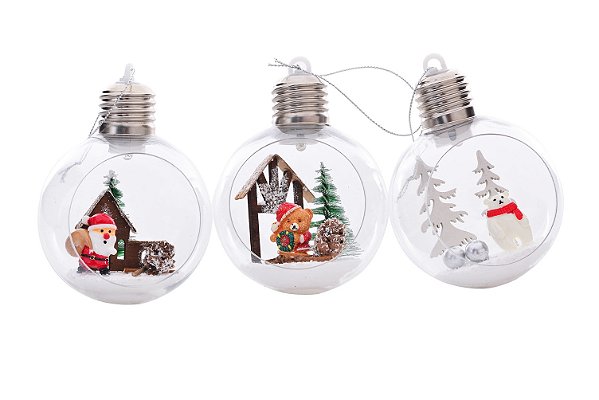 TRIO BOLA NATALINA ABERTA COM LED NOEL E URSOS NATALINOS 10cm