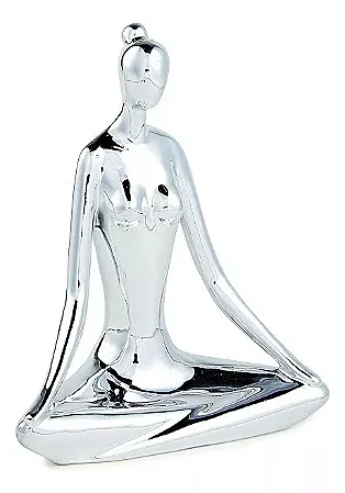 ESCULTURA MULHER SENTADA YOGA EM PORCELANA PRATA MART