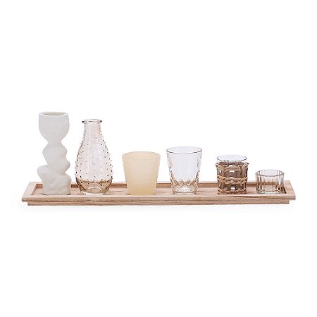 KIT 7PÇS VASOS BANDEJA E PORTA VELAS DECORATIVO MART