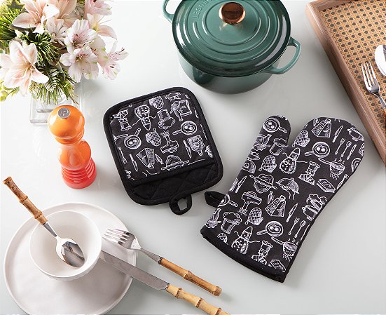 KIT LUVA+PEGADOR 18x33CM ESTAMPADO KITCHEN PRETO JOLITEX