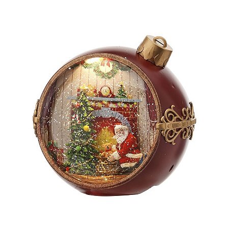 GLOBO DECORATIVO EM RESINA PAPAI NOEL NA LAREIRA C LUZ 19CM