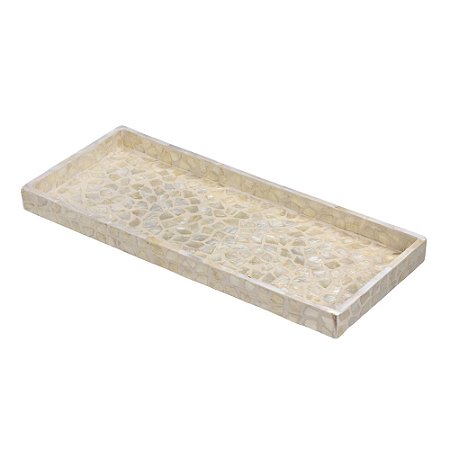 BANDEJA DECORATIVA EM MADEIRA E MARMORE BRANCO 43CM
