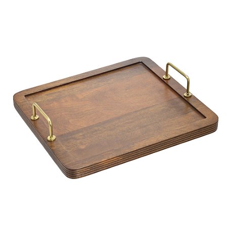 BANDEJA DECORATIVA EM MADEIRA COM ALÇAS DOURADO
