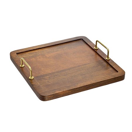 BANDEJA DECORATIVA EM MADEIRA COM ALÇAS DOURADO 40cm